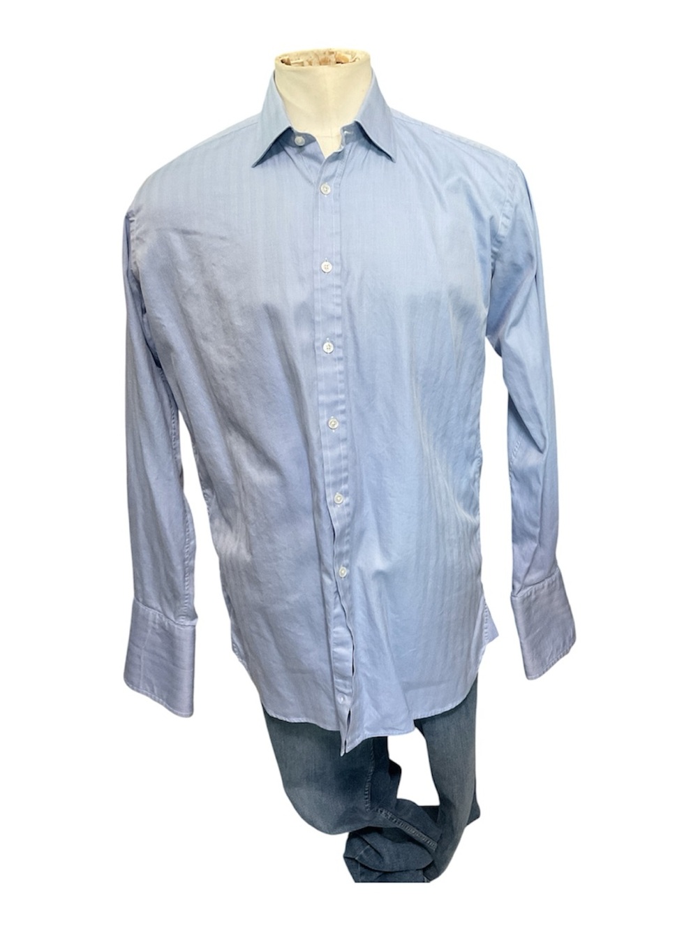 Charles Tyrwhitt Blue Herringbone Long-Sleeve Dress Shirt French Cuffs 16/35